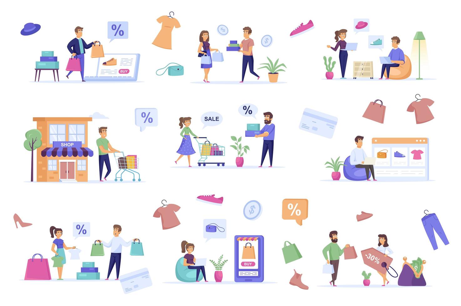 Shopping people bundle of flat scenes vector