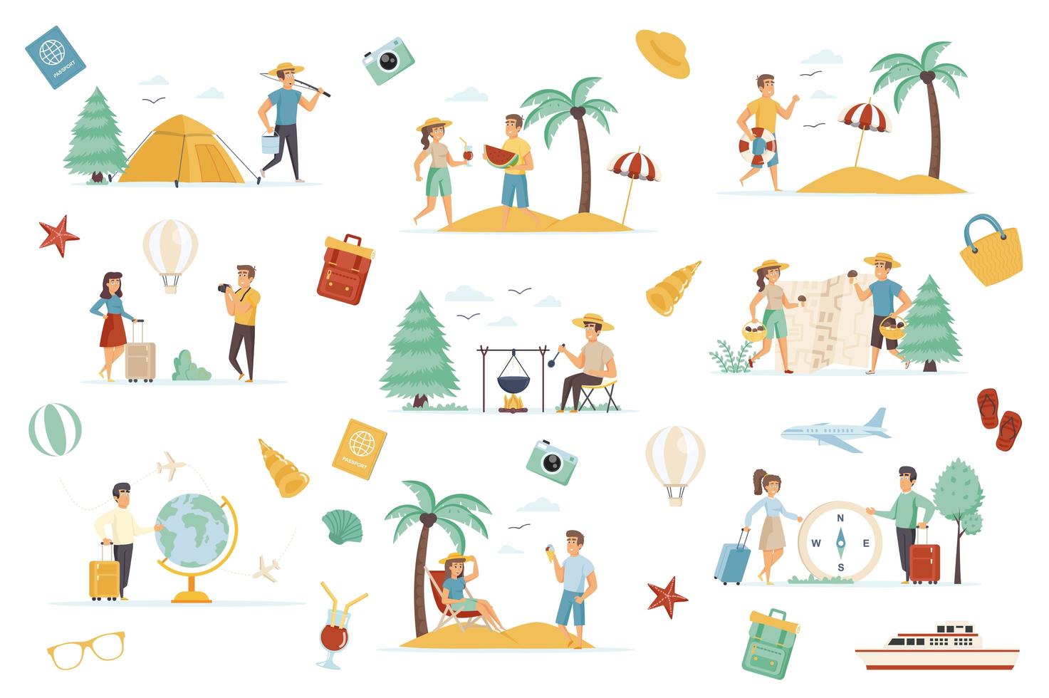 Adventure tourism bundle of flat scenes vector