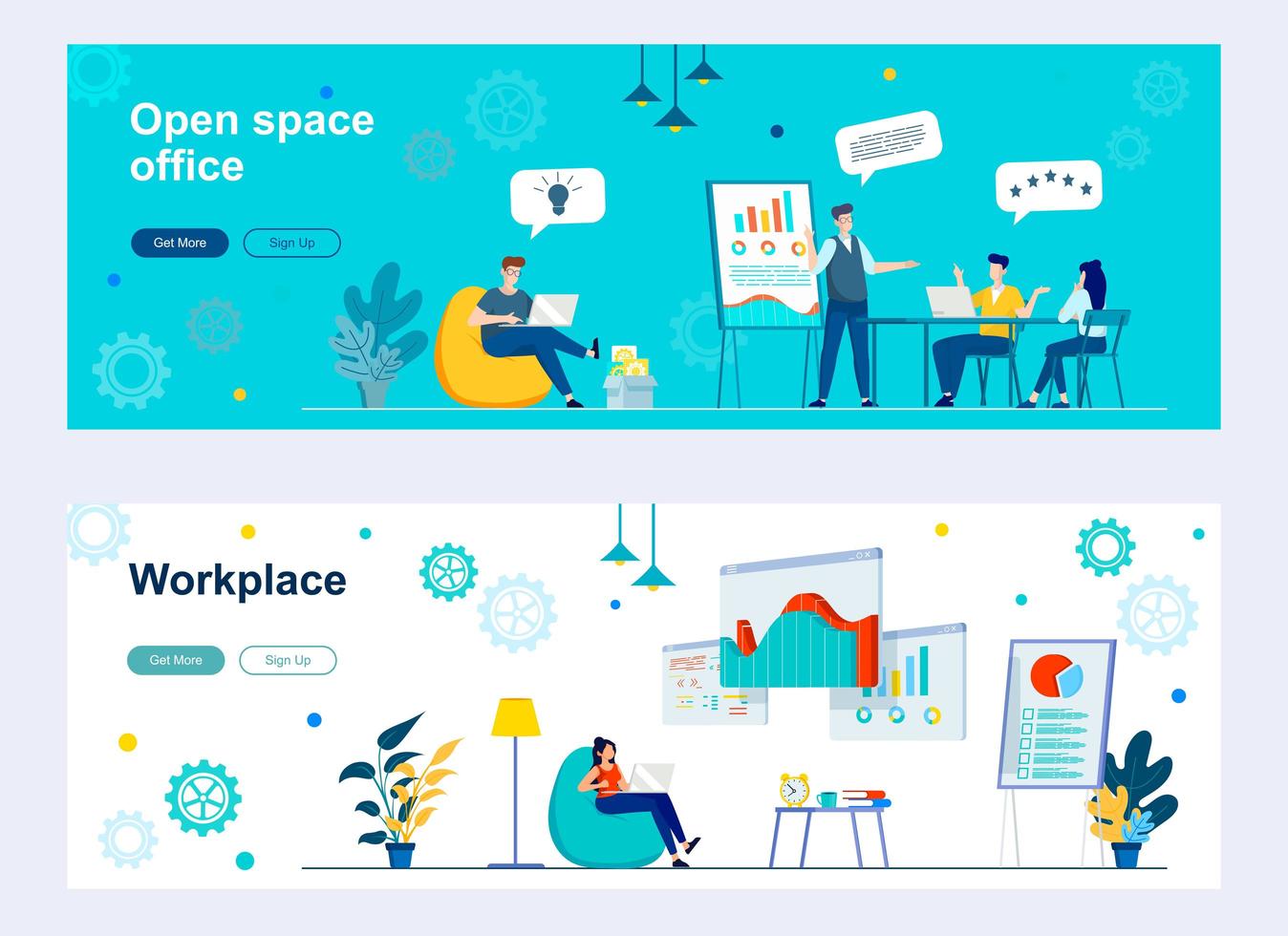 Open space office landing page with people characters vector