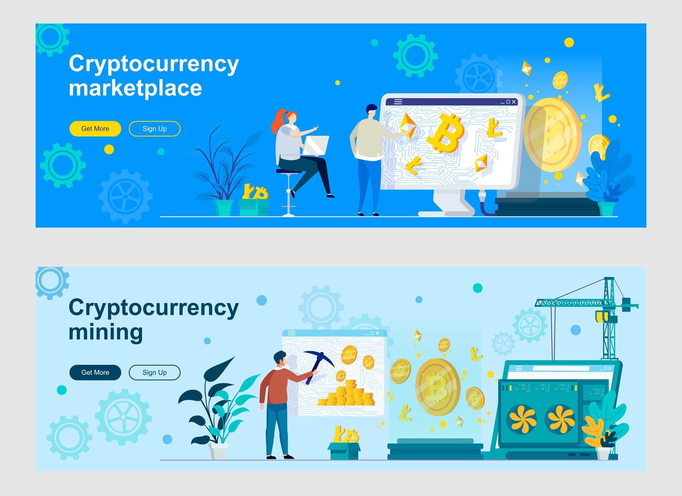 Cryptocurrency mining and trading landing page with people characters vector