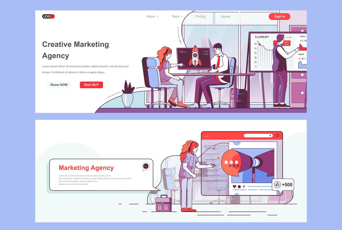 Creative marketing agency landing pages set vector