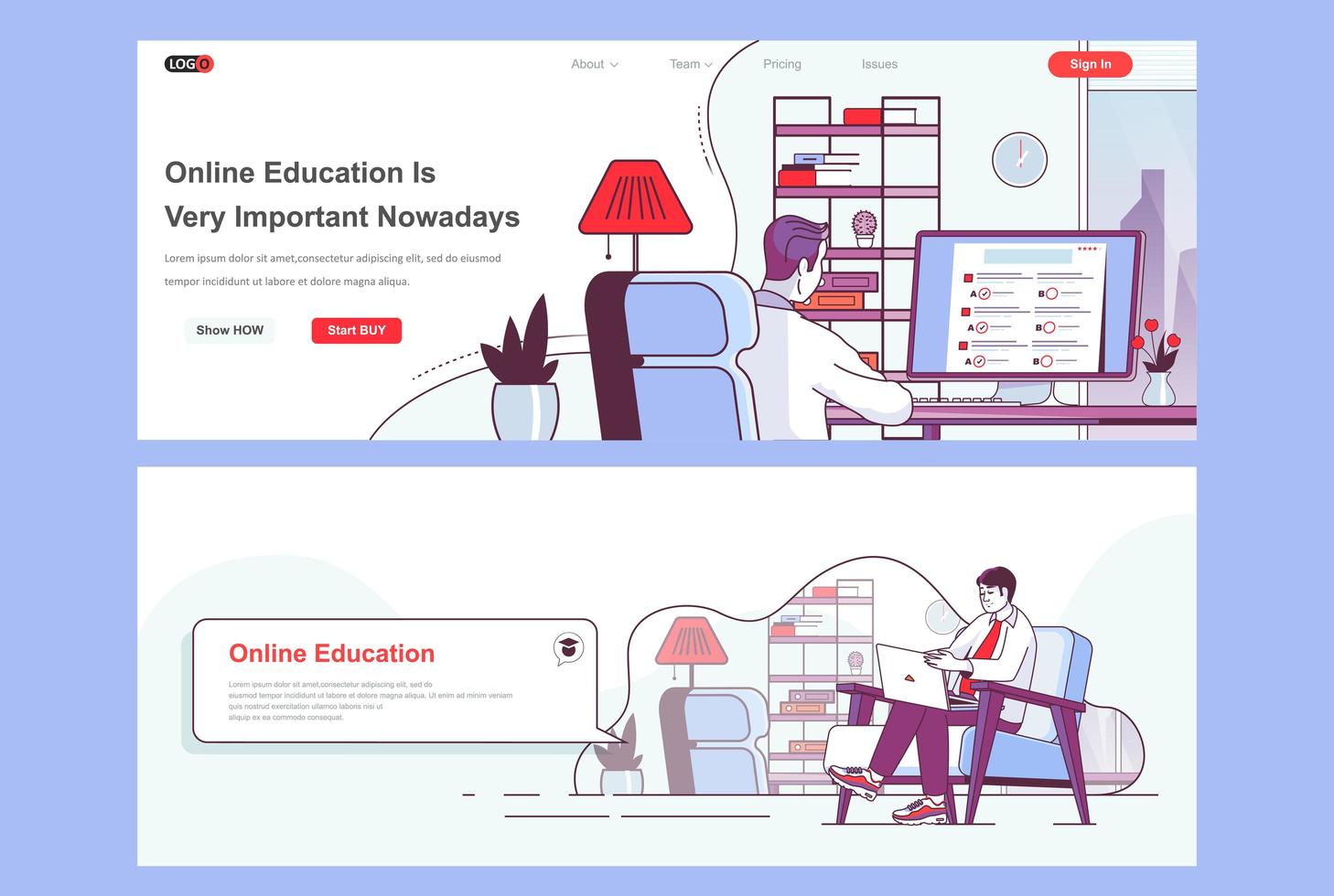 Online education landing pages set vector