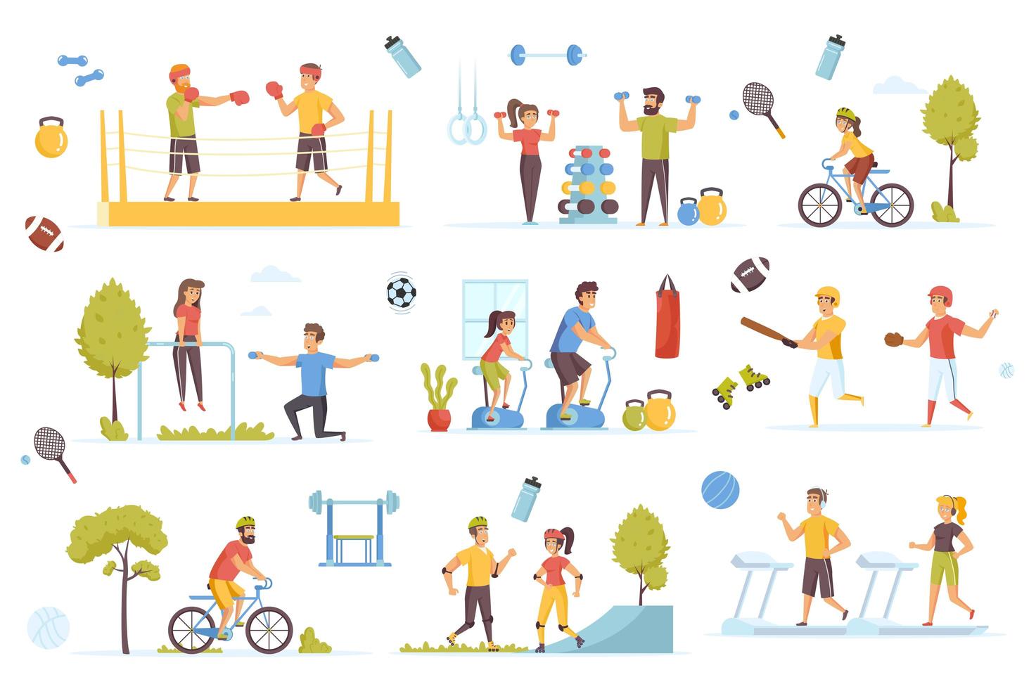 Sports activities bundle of flat scenes vector