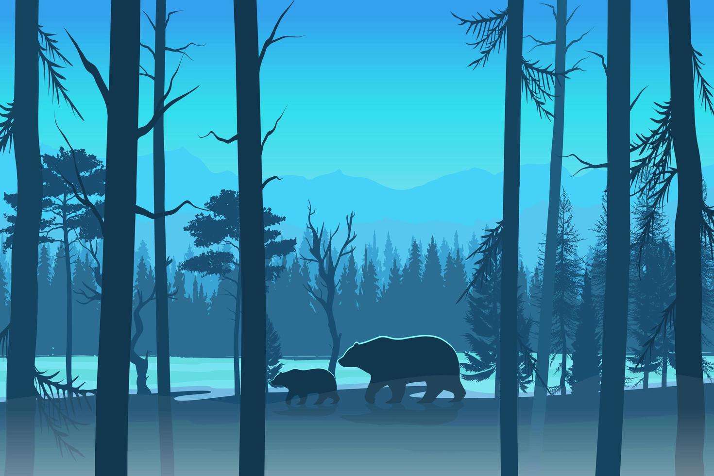 Bears in the forest design in blue tones vector