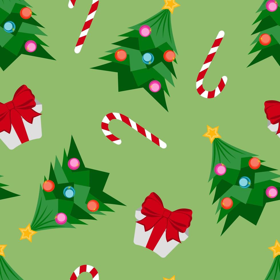 Christmas tree, gift and candy cane pattern vector