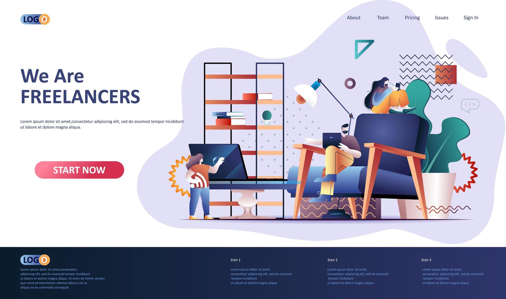 Freelance flat landing page template vector