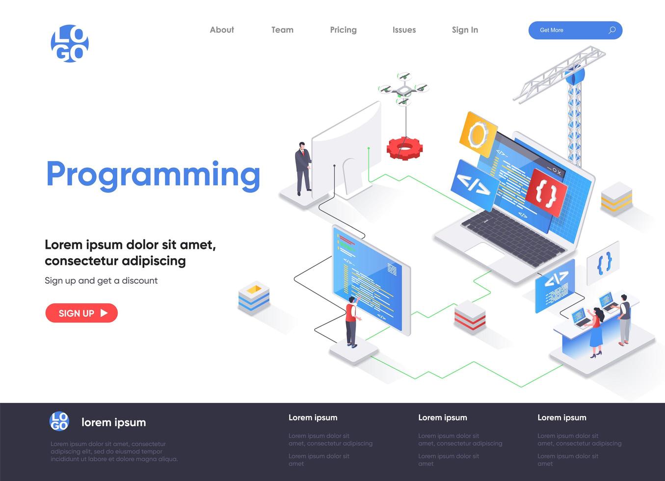 Programming isometric landing page vector