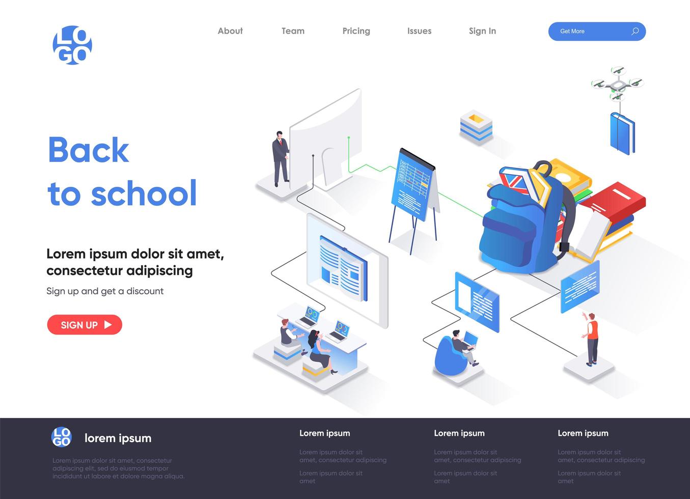 Back to school isometric landing page vector