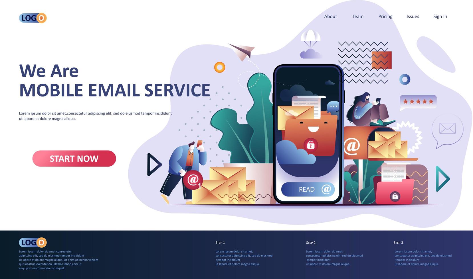 Mobile email service flat landing page template vector