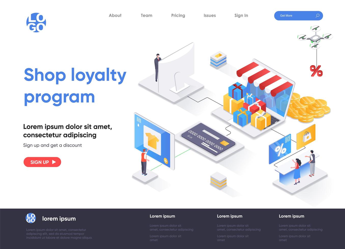 Shop loyalty program isometric landing page vector