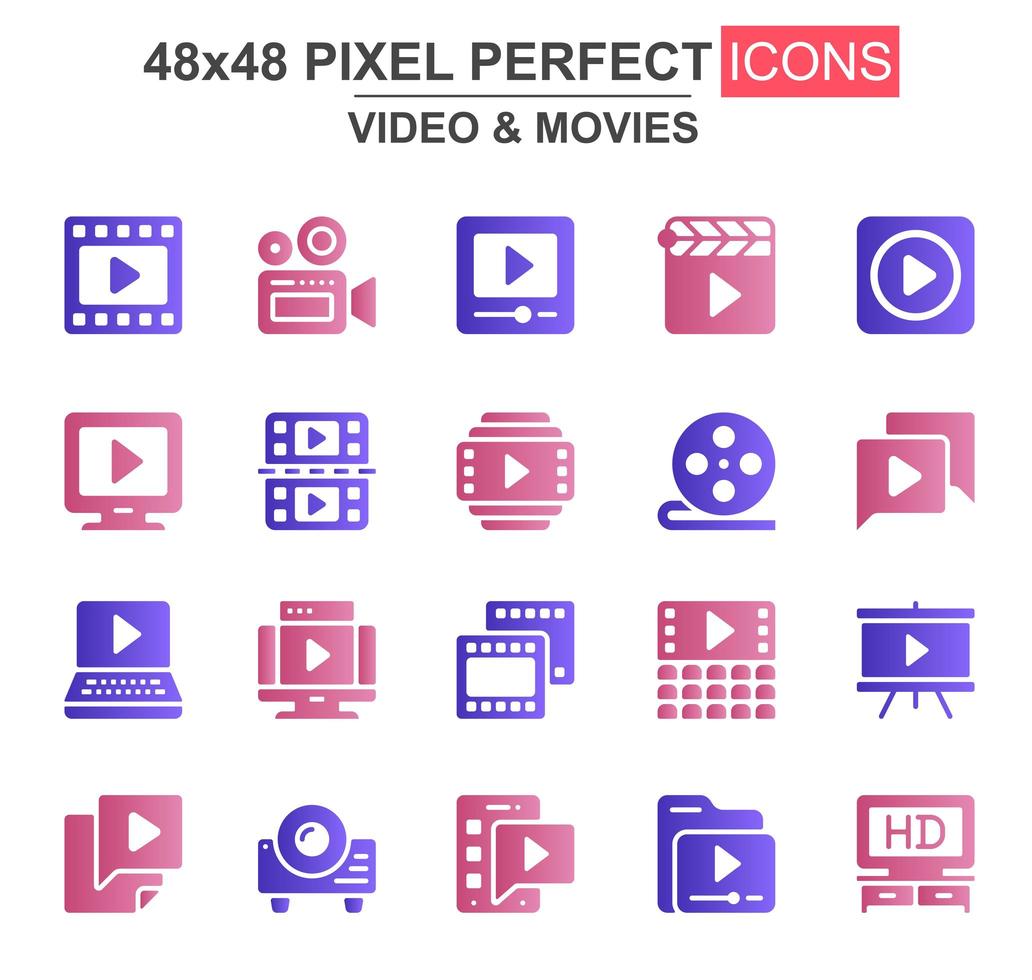 Video and movies glyph icon set vector