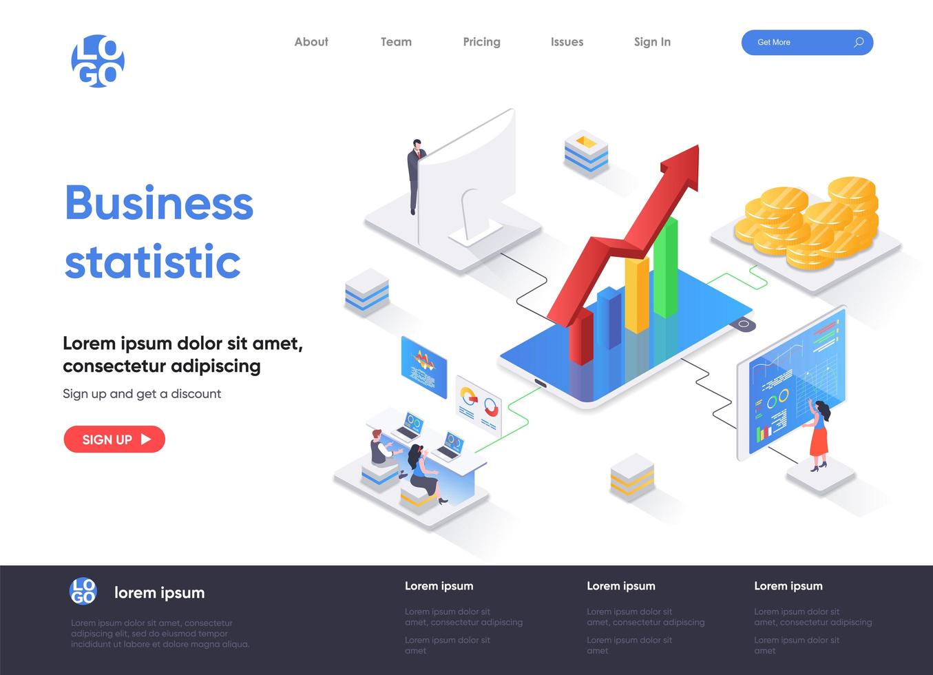 Business statistic isometric landing page vector