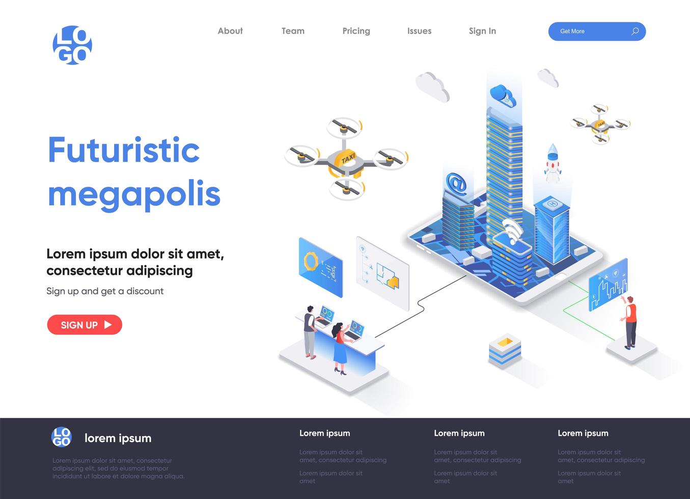 Futuristic megapolis isometric landing page design vector