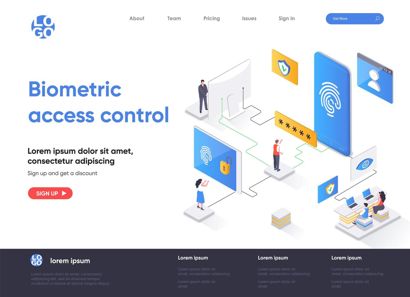 Biometric access control isometric landing page design vector