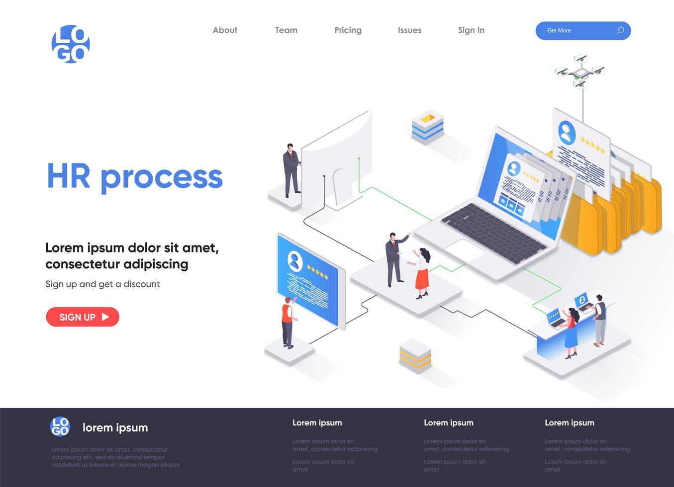 HR process isometric landing page vector