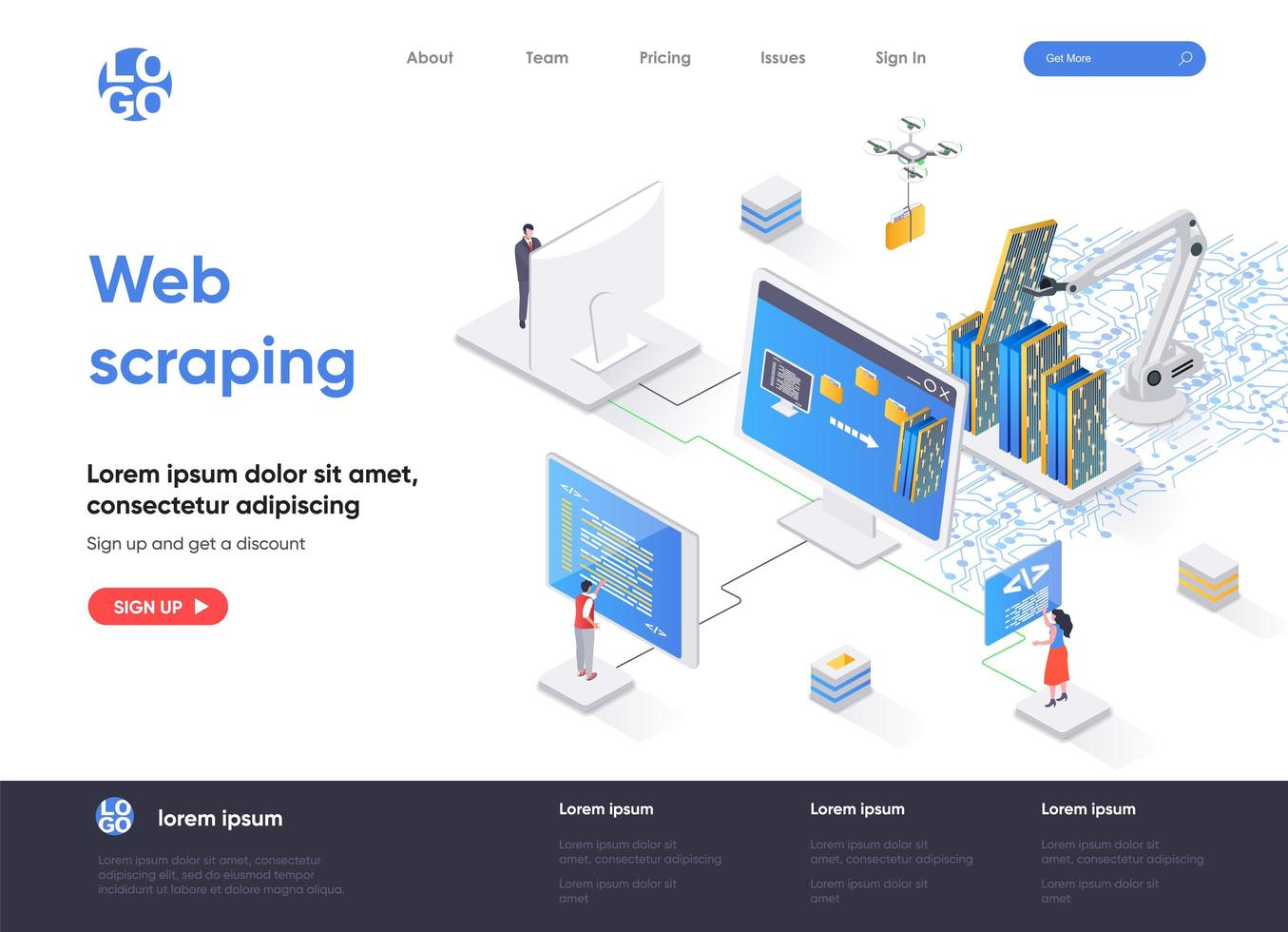 Web scraping isometric landing page vector