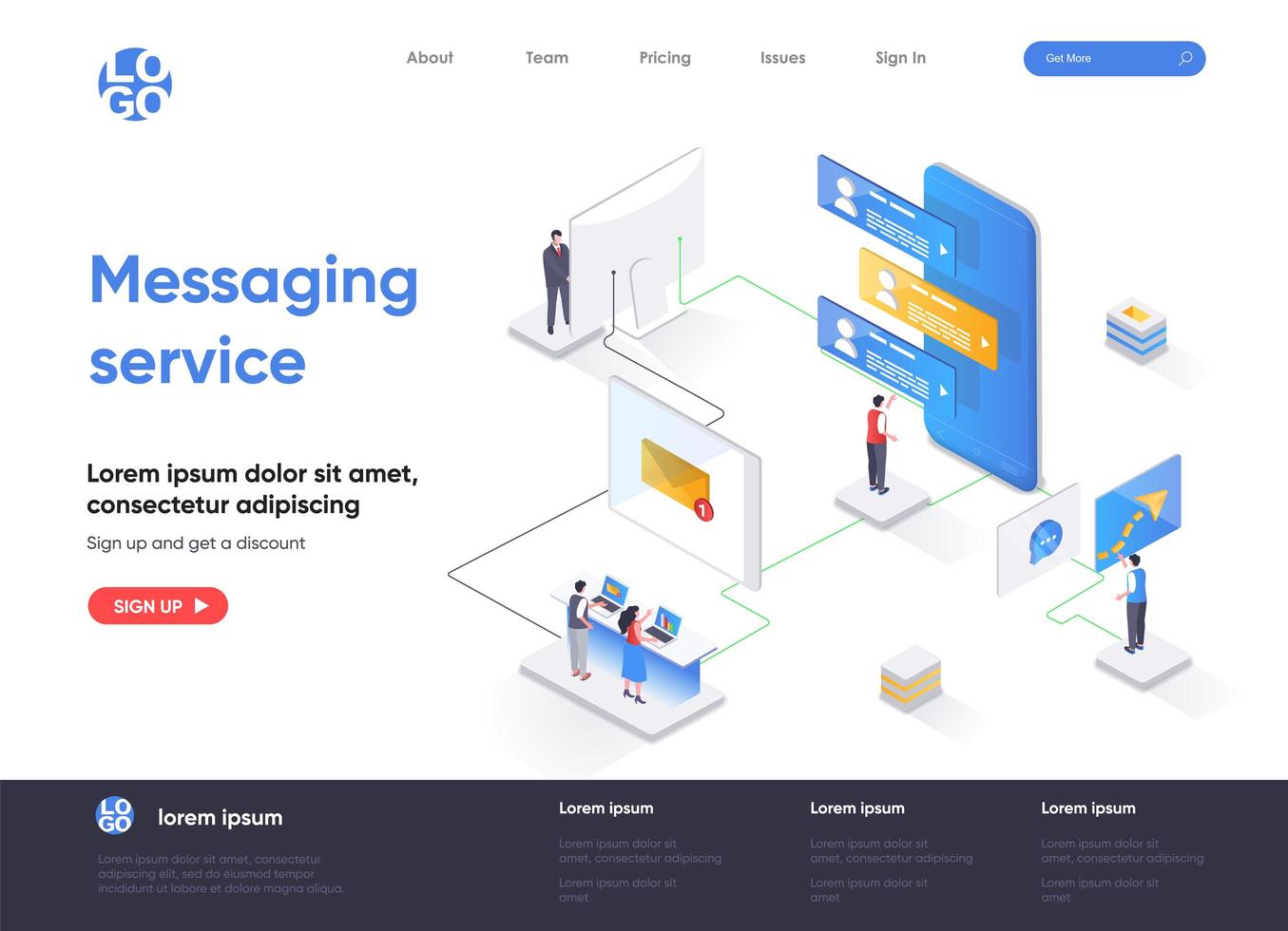 Messaging service isometric landing page vector