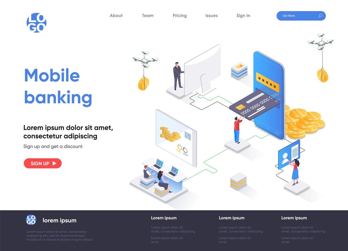 Mobile banking isometric landing page vector