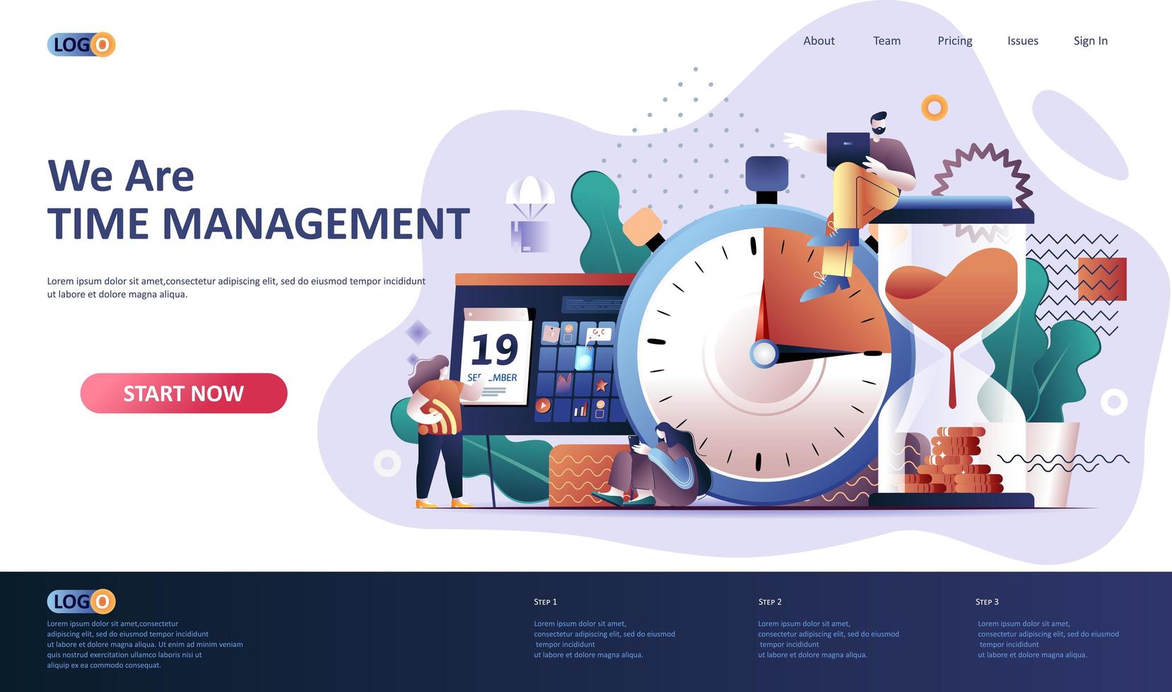 Time management flat landing page template vector