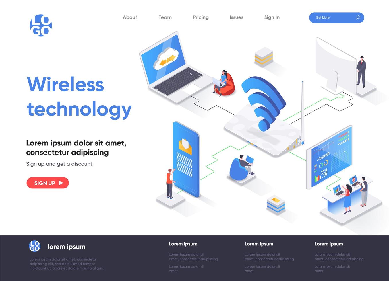 Wireless technology isometric landing page vector