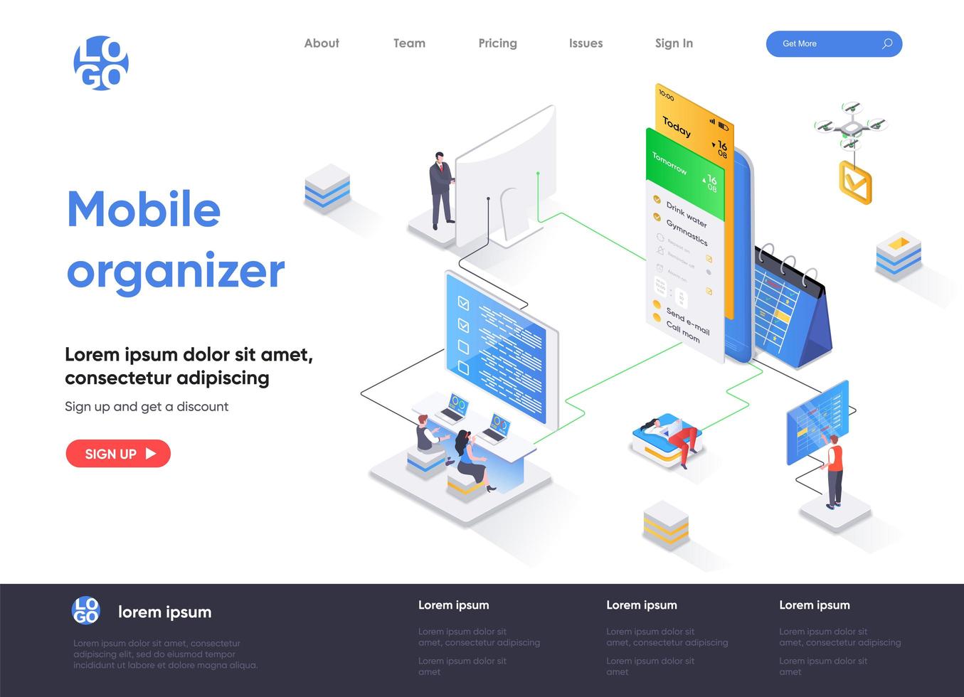 Mobile organizer isometric landing page vector