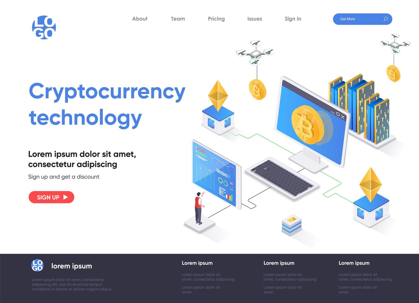 Cryptocurrency technology isometric landing page vector