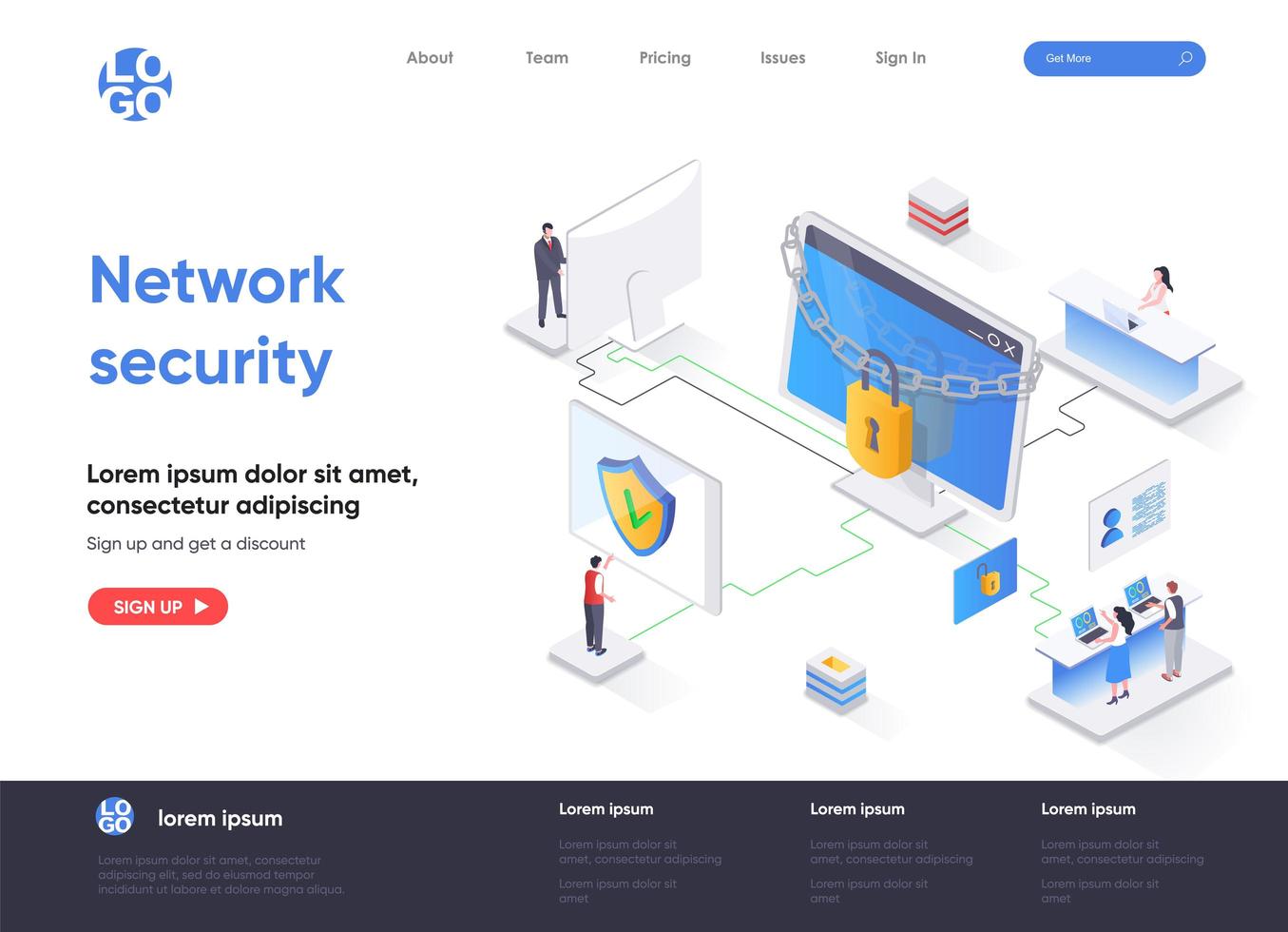 Network security isometric landing page vector