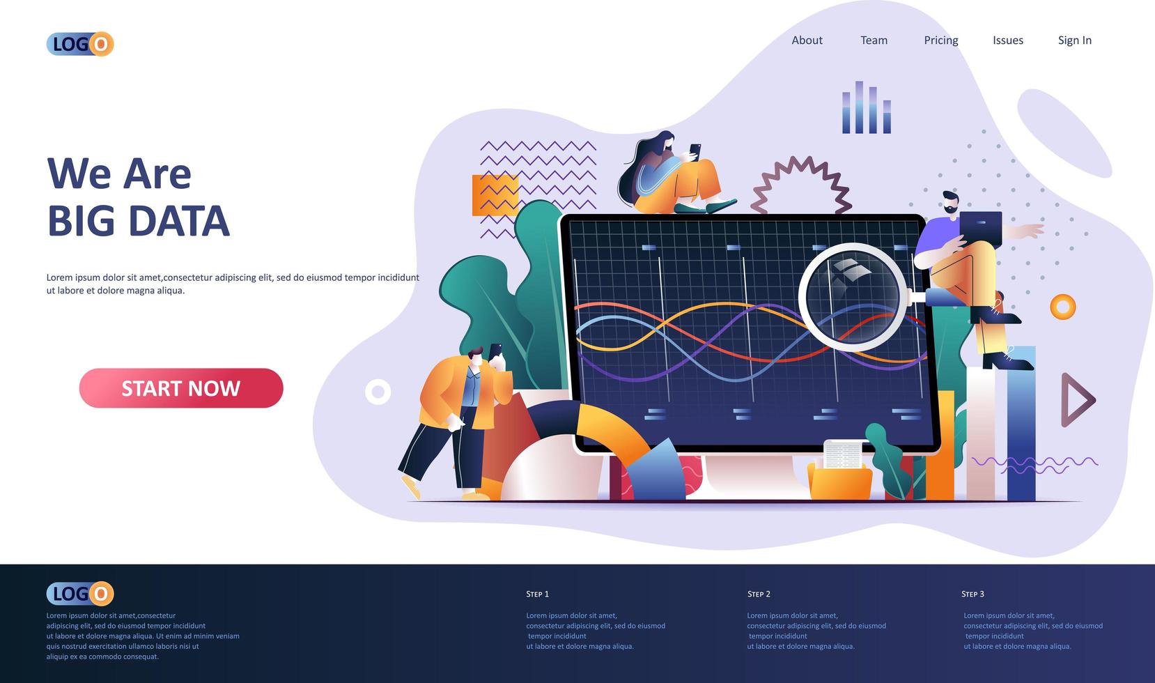 plantilla de página de destino plana de análisis de big data vector