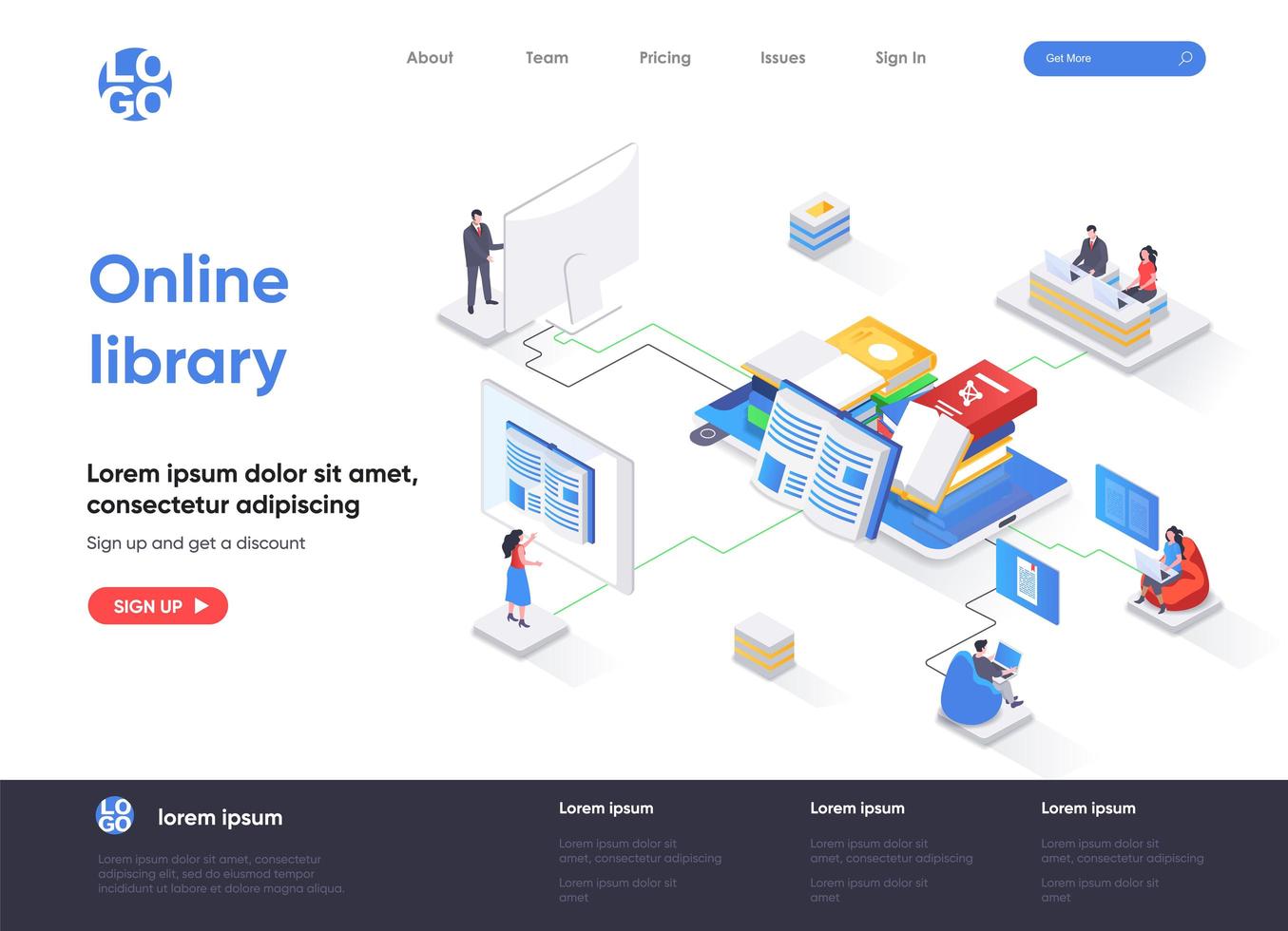 Online library isometric landing page vector