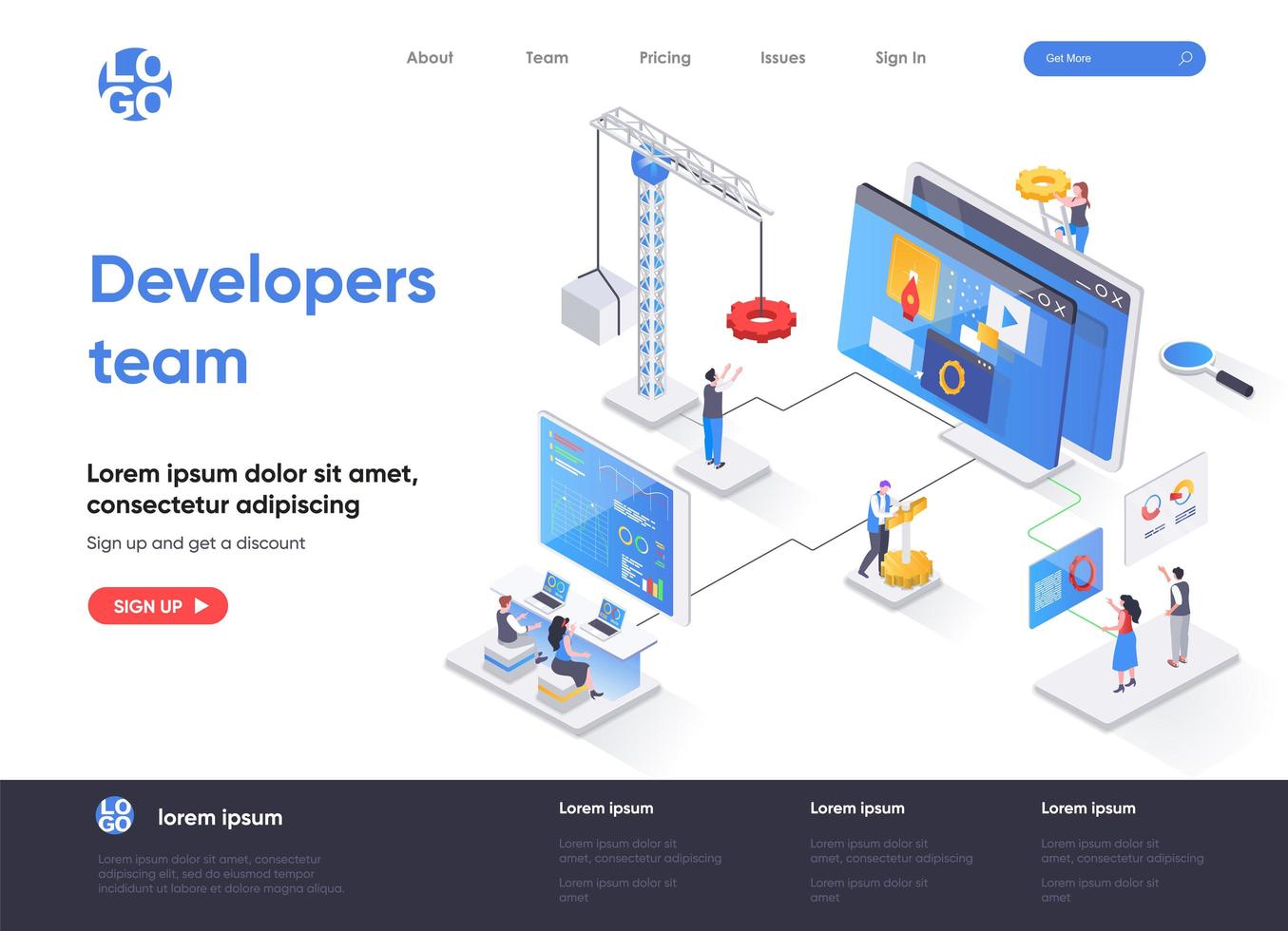 Developers team isometric landing page vector