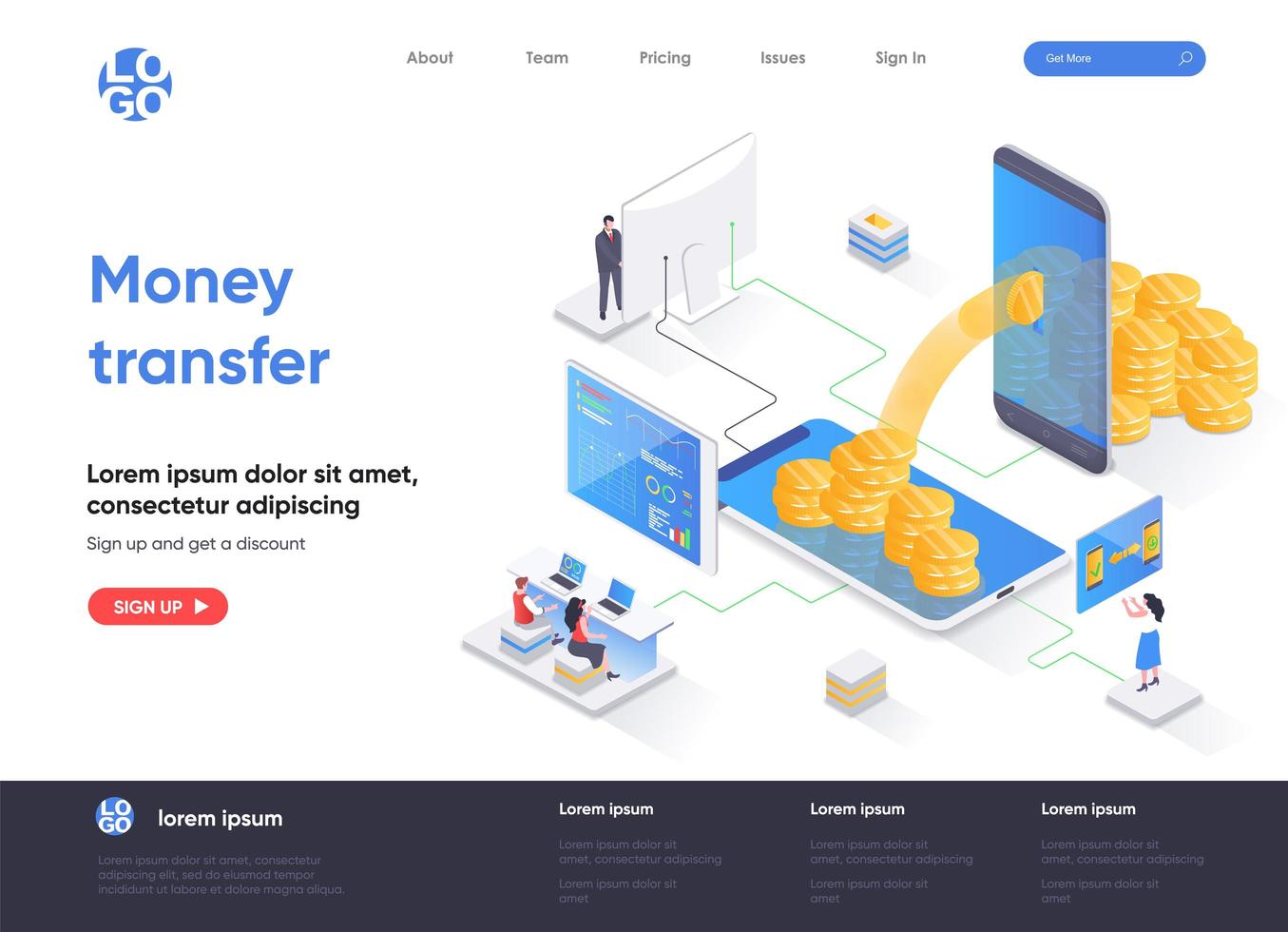 Money transfer isometric landing page vector