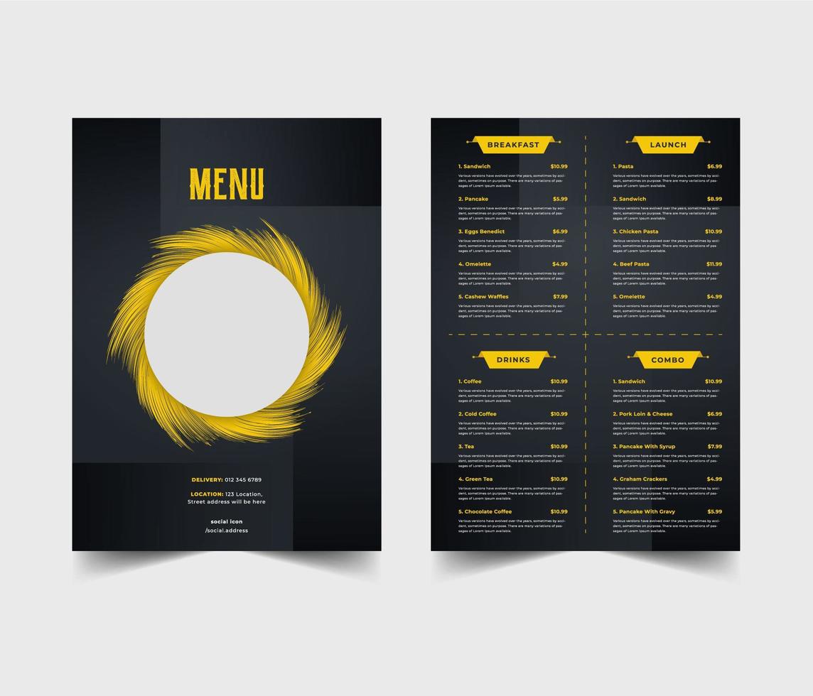 Plantilla de volante de menú de restaurante azul y amarillo vector