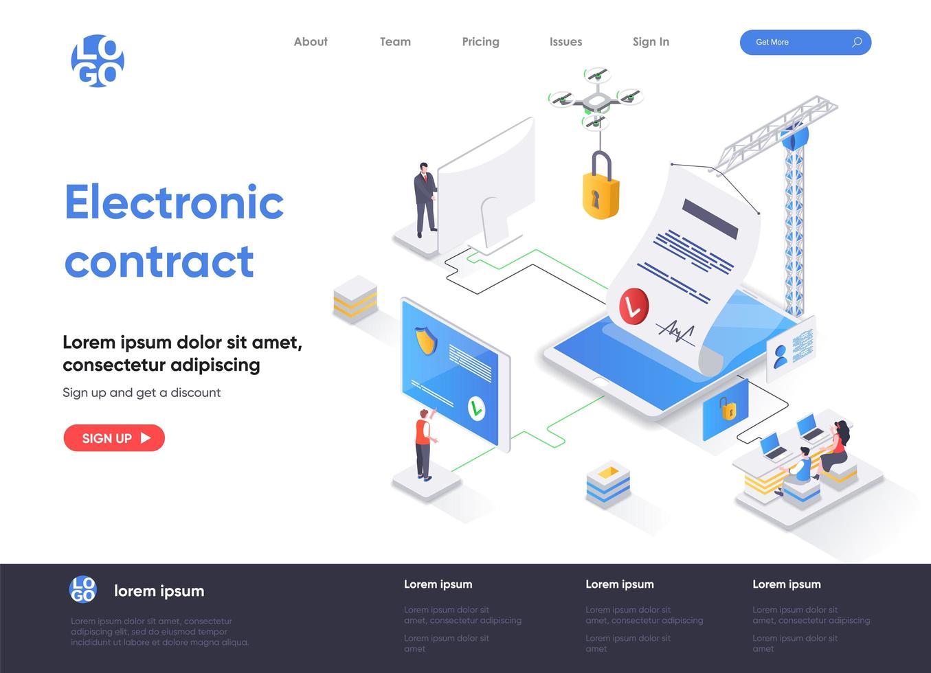 Electronic contract isometric landing page design vector