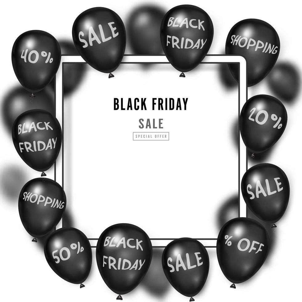 Black Friday shiny balloons around white frame vector