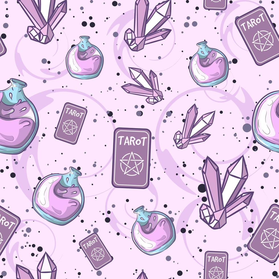 Purple occult seamless pattern with different magic objects vector