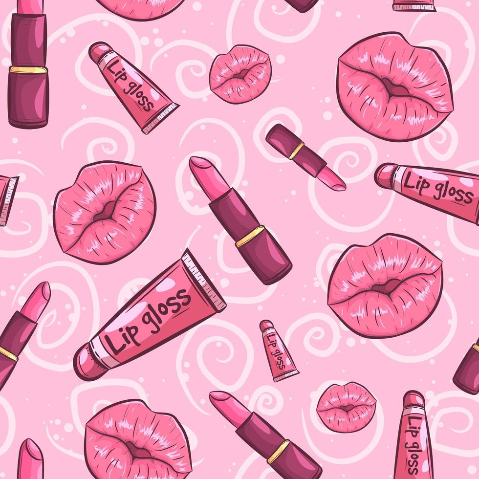 lápiz labial, brillo de labios y besos de patrones sin fisuras vector