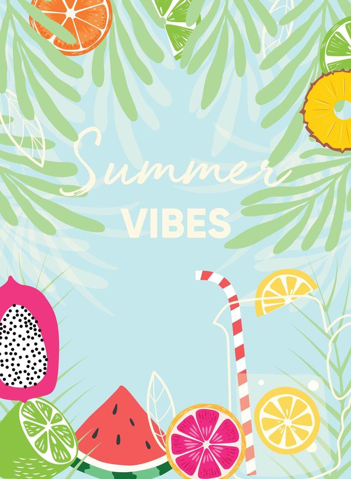 lema de tipografía de vibraciones de verano y cartel de fruta fresca vector