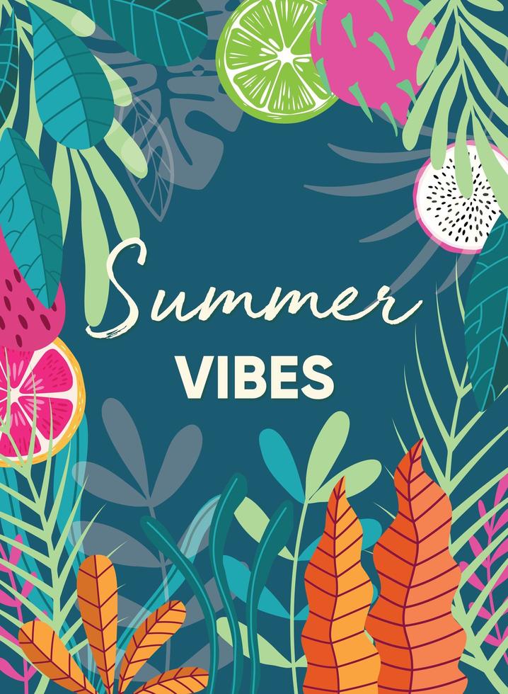 lema de tipografía de vibraciones de verano y cartel de frutas tropicales vector