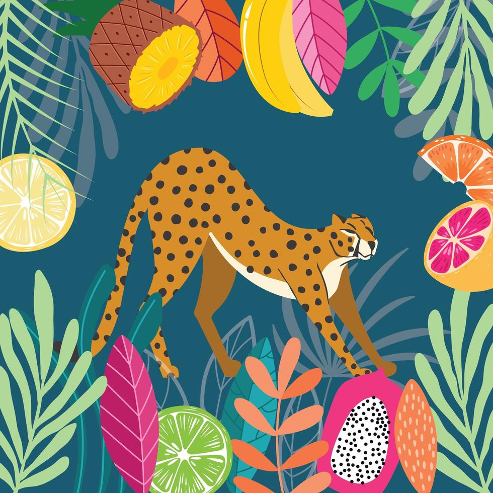 Big cat cheetah stretching on dark tropical background vector