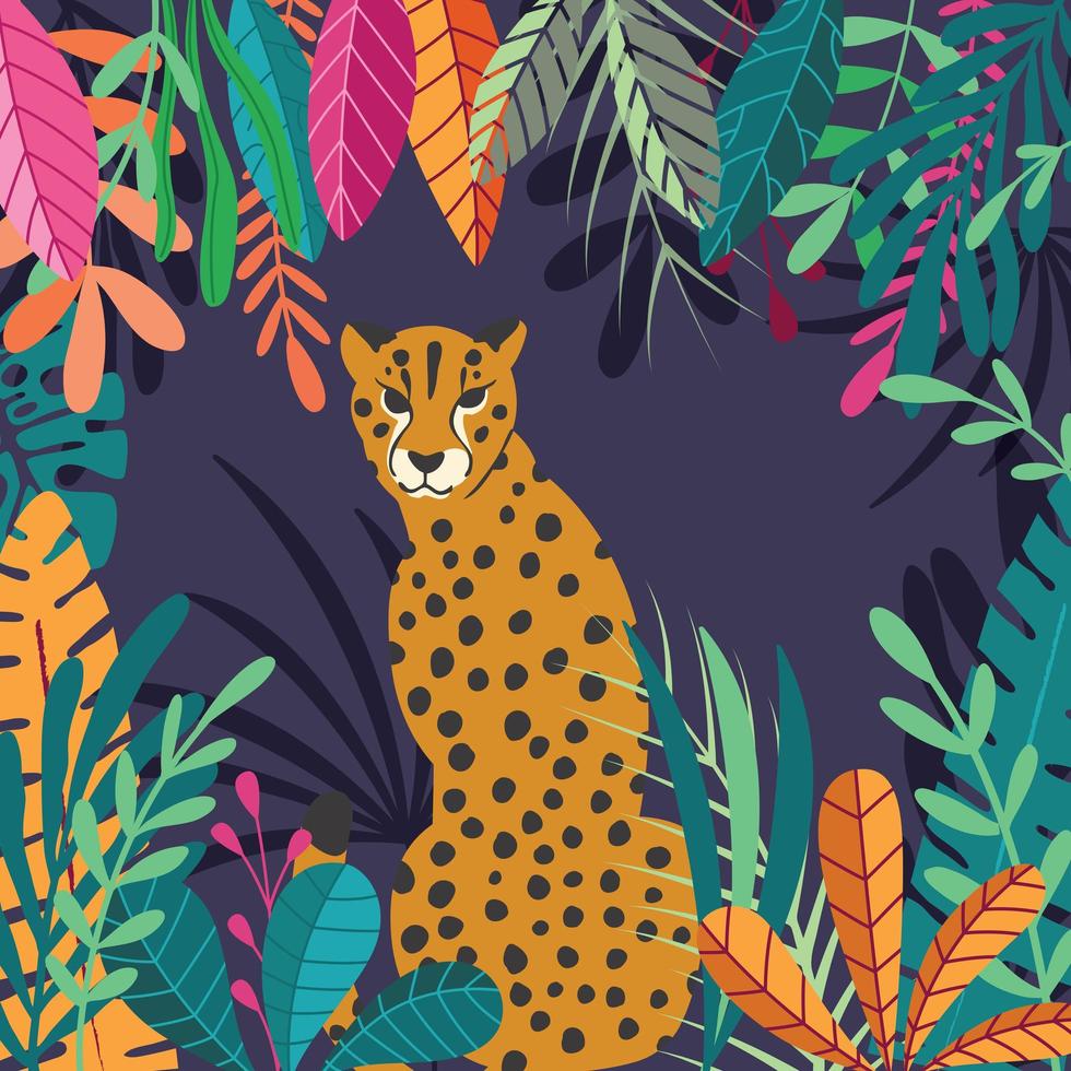 guepardo gato grande sentado sobre fondo oscuro tropical vector