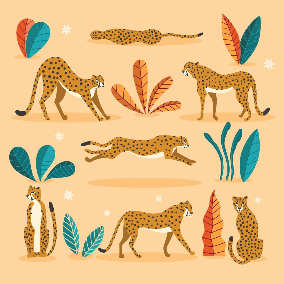 colección de lindos guepardos dibujados a mano sobre fondo naranja vector
