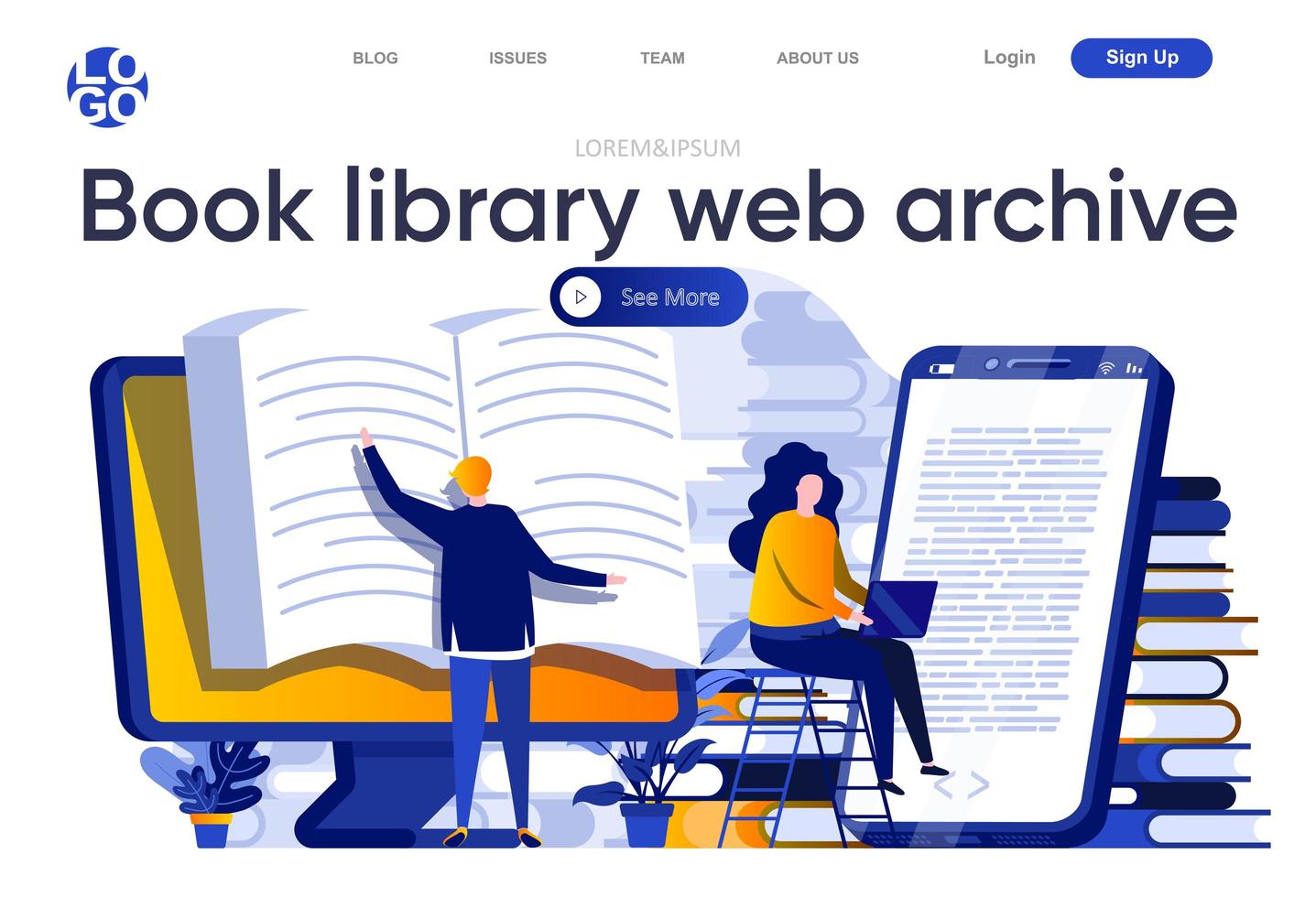 Book library web archive flat landing page vector