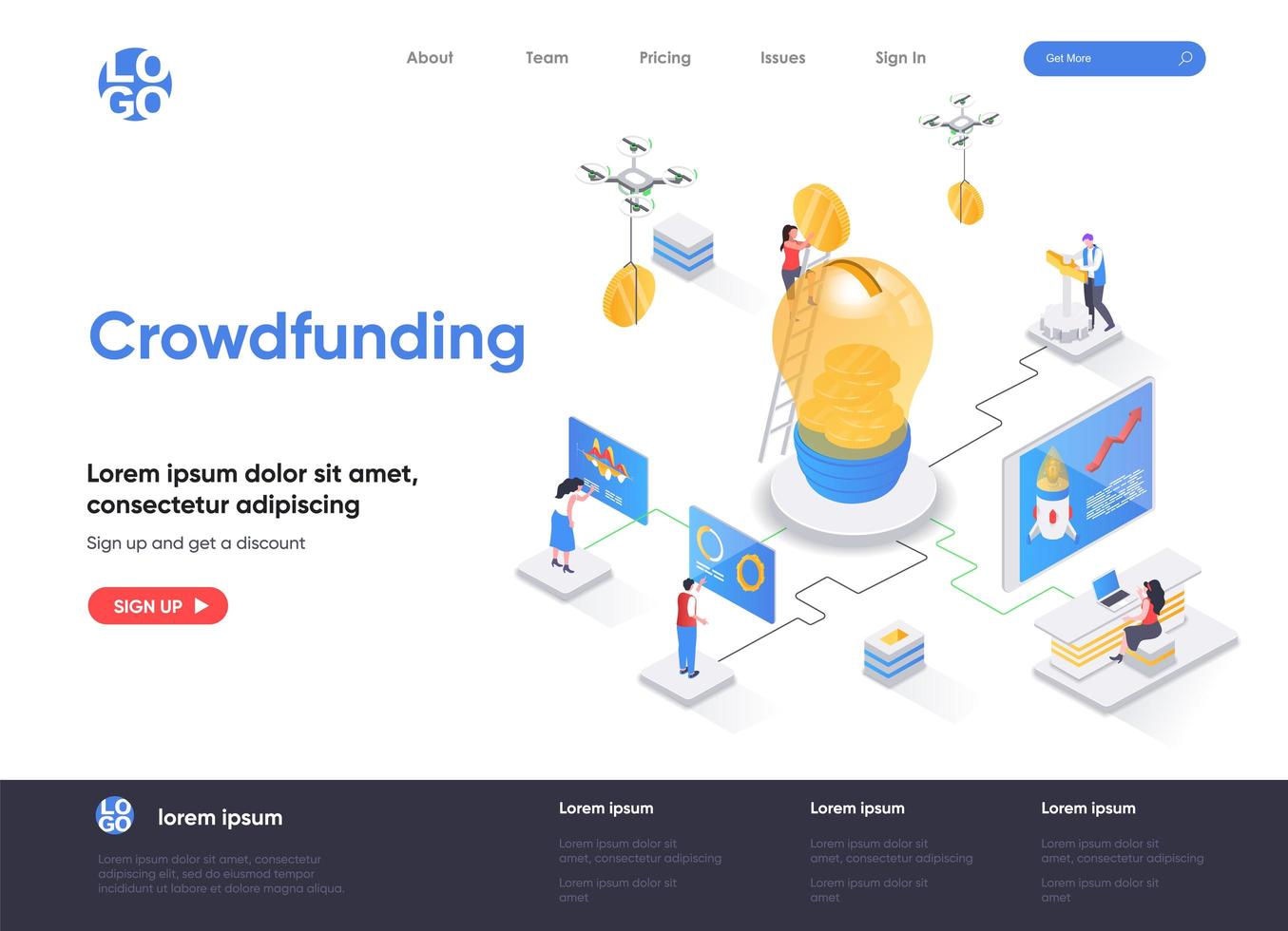 página de inicio isométrica de crowdfunding vector