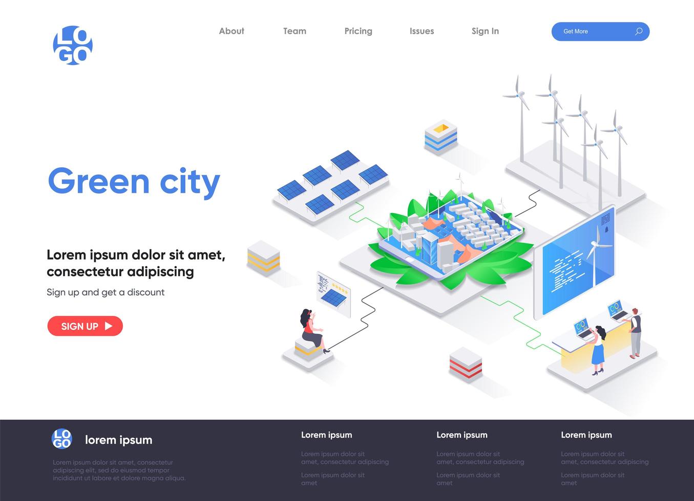 Green city isometric landing page vector