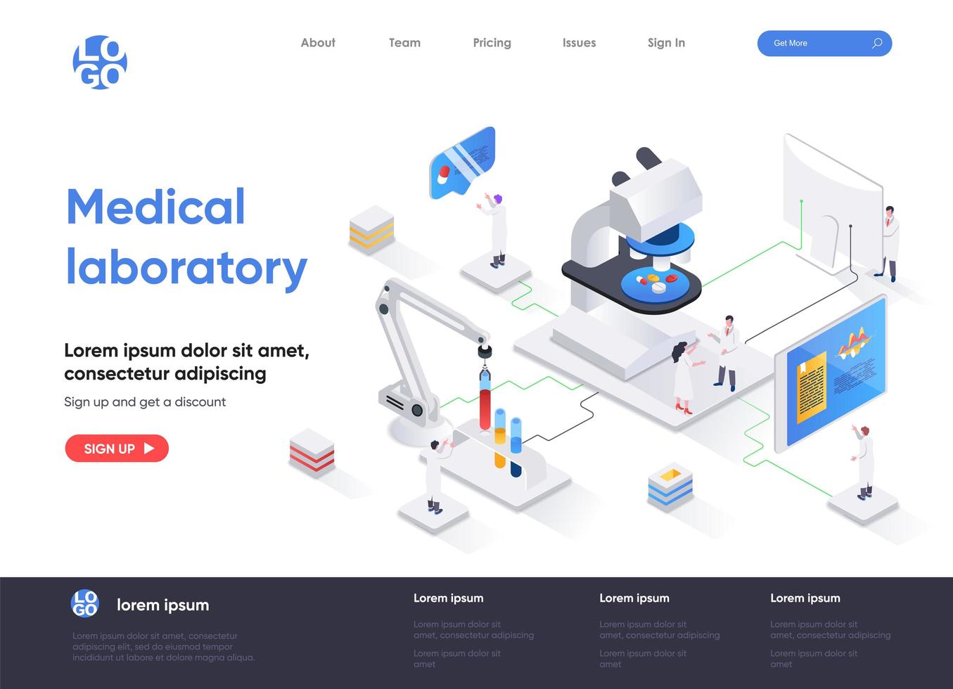 página de inicio isométrica de laboratorio médico vector