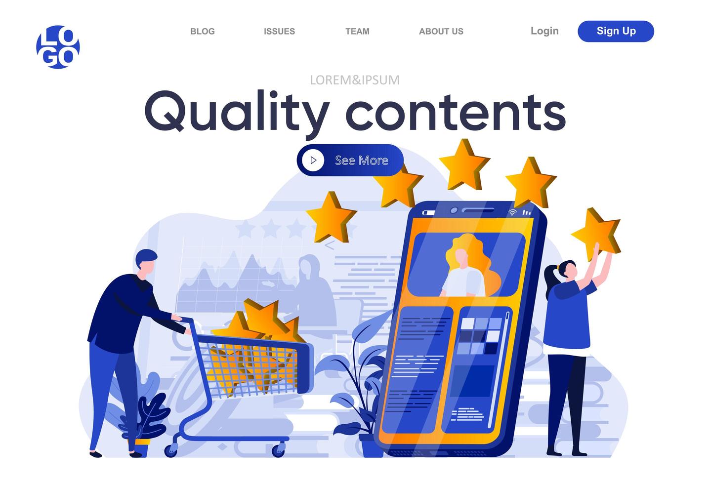 Quality contents flat landing page. Creative team posting and reviewing quality digital content vector illustration. Social media marketing and publication web page composition
