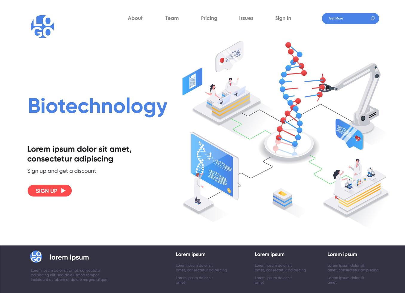 página de inicio isométrica de biotecnología vector