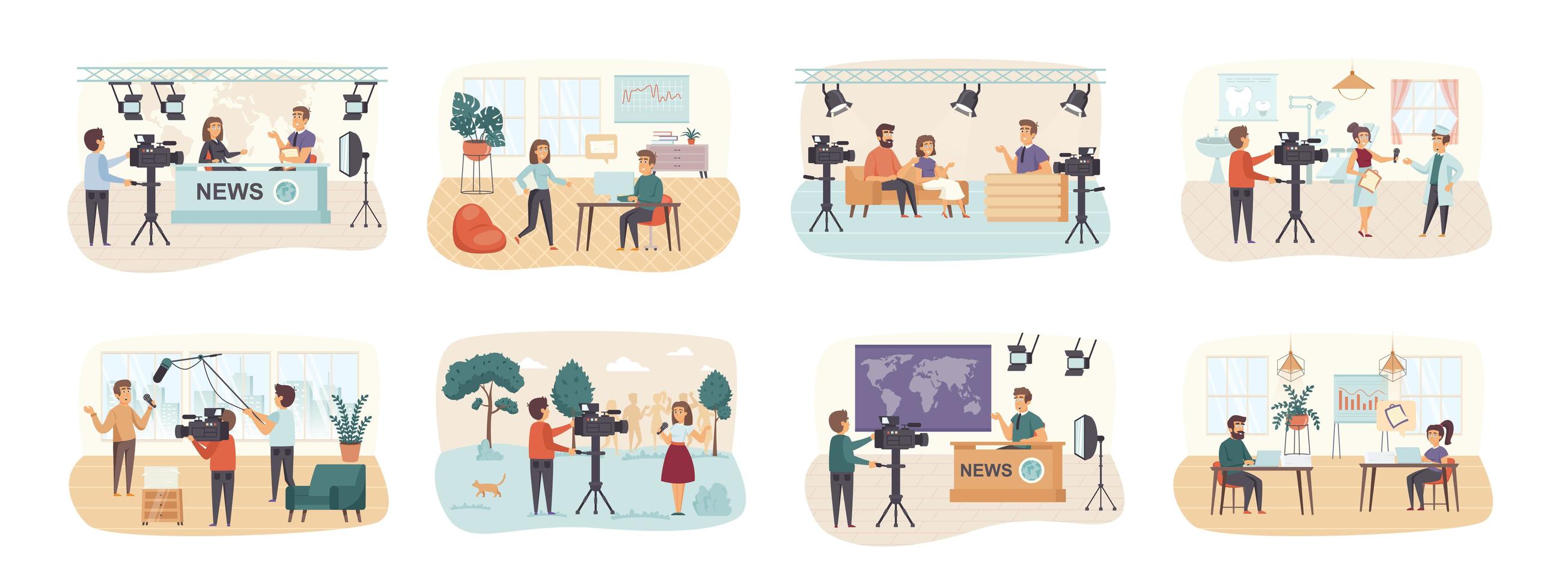 Journalism bundle of scenes with flat people characters vector