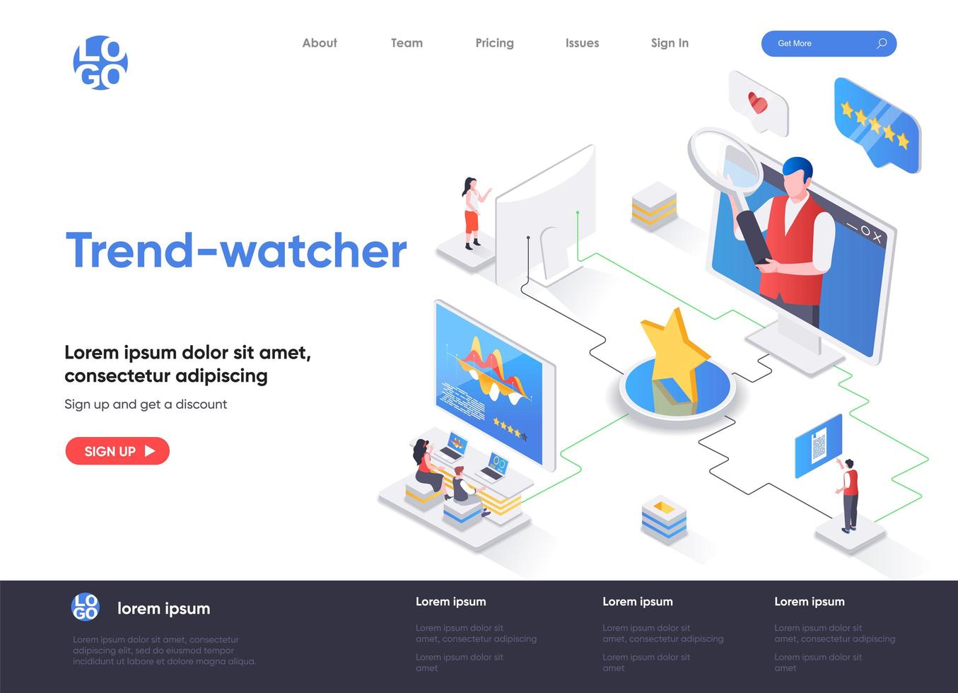 Trend-watcher isometric landing page vector