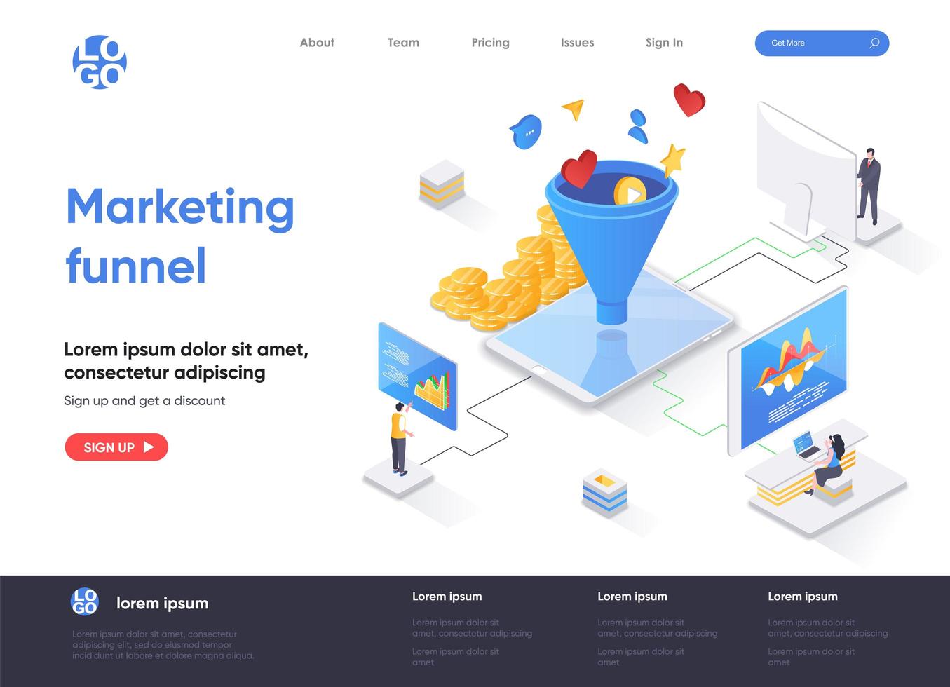 Marketing funnel isometric landing page vector